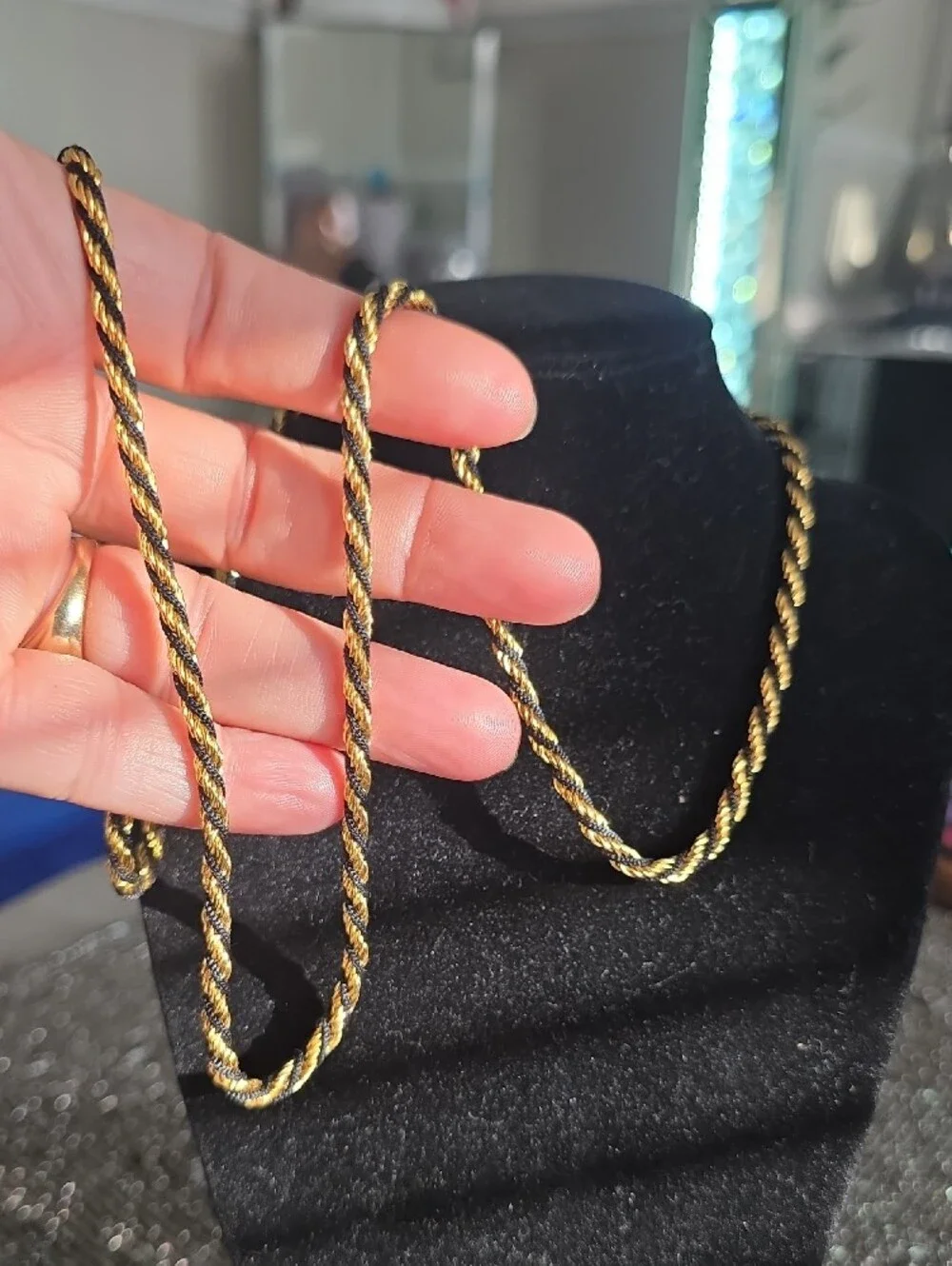 Trifari Gold and Black Twisted Rope Long Necklace